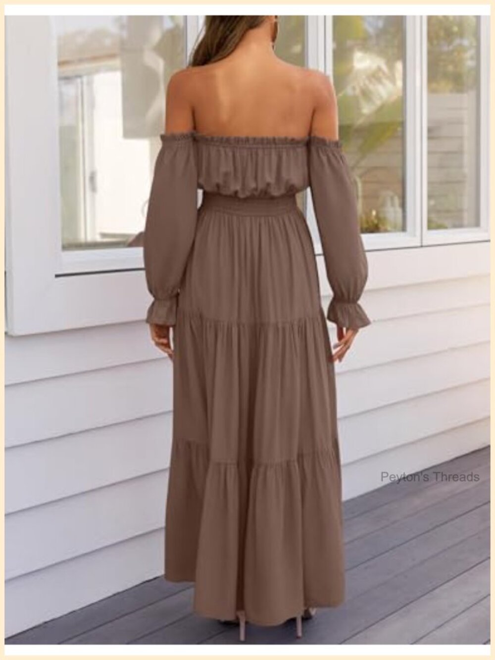 Off Shoulder Boho Maxi Dress with Side Split Flowy A Line Ruffle Hem - Picture 3 of 6